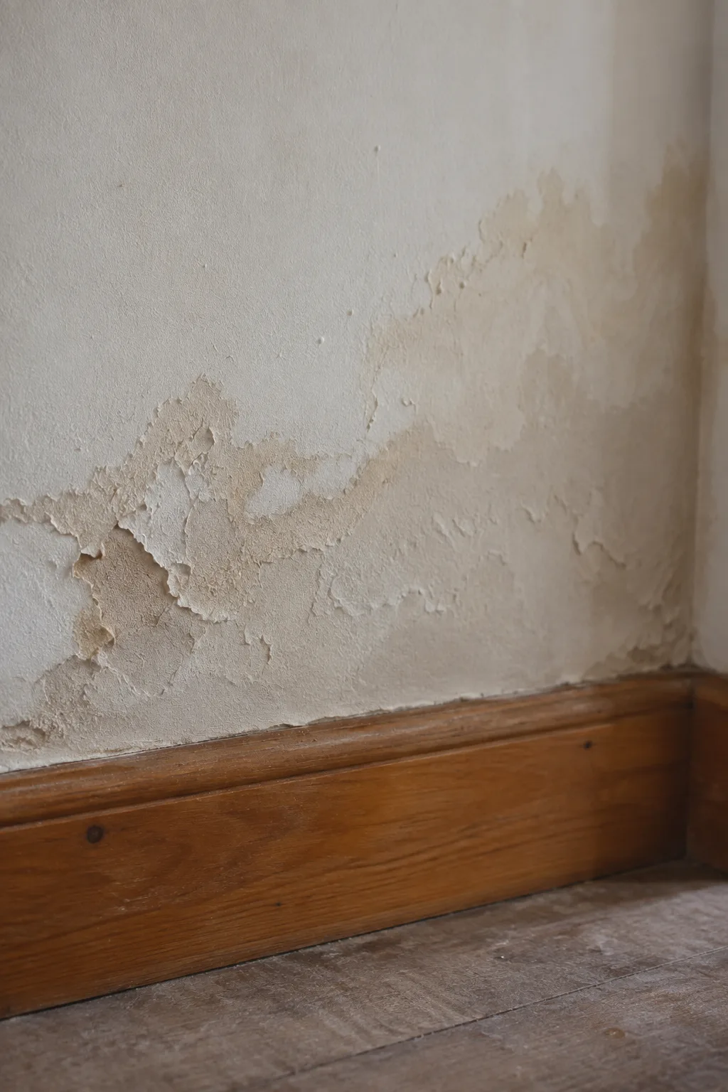 Peeling paint and damp staining above timber skirting
