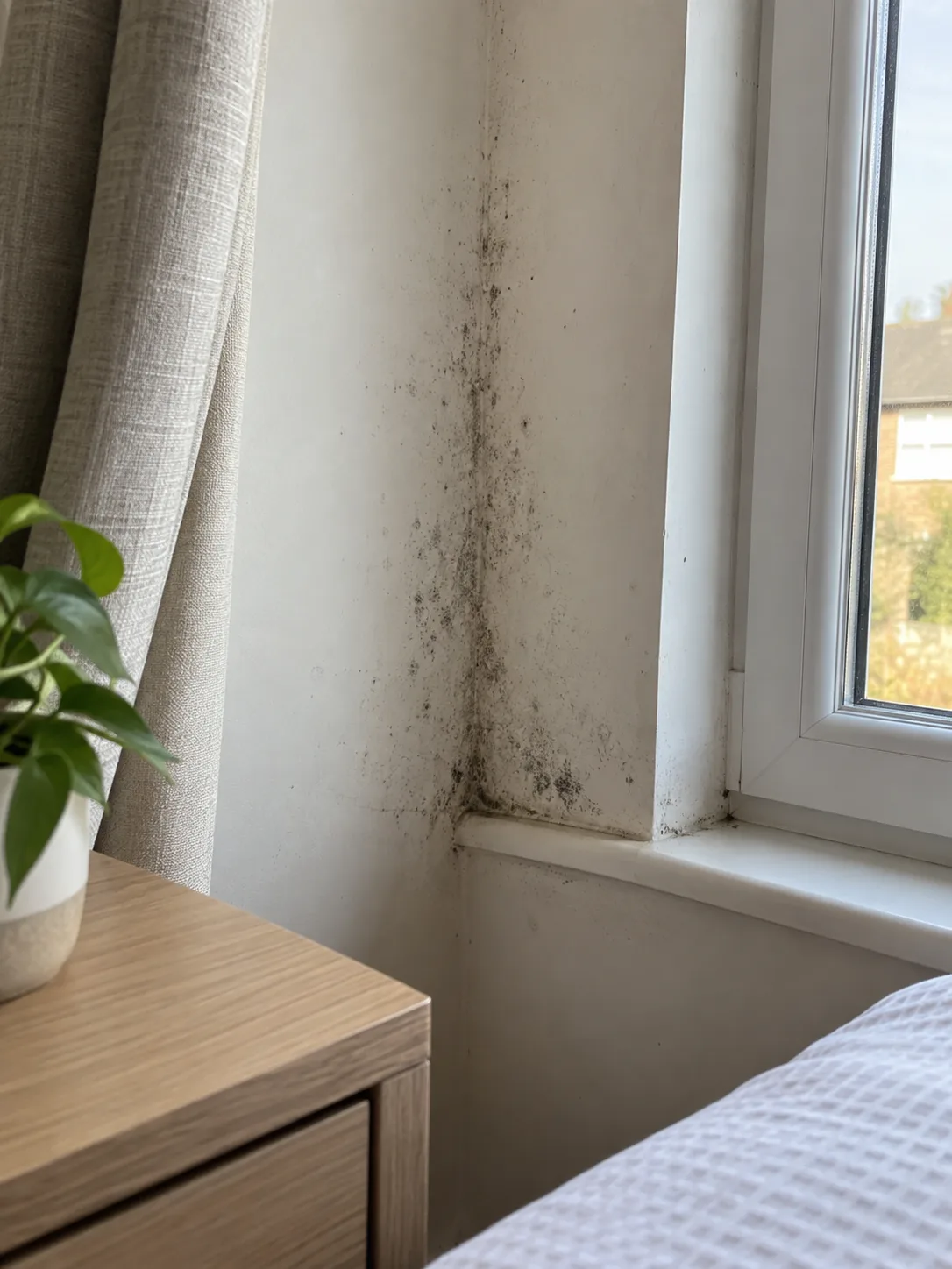 Mould spotting at the corner of a bedroom window reveal