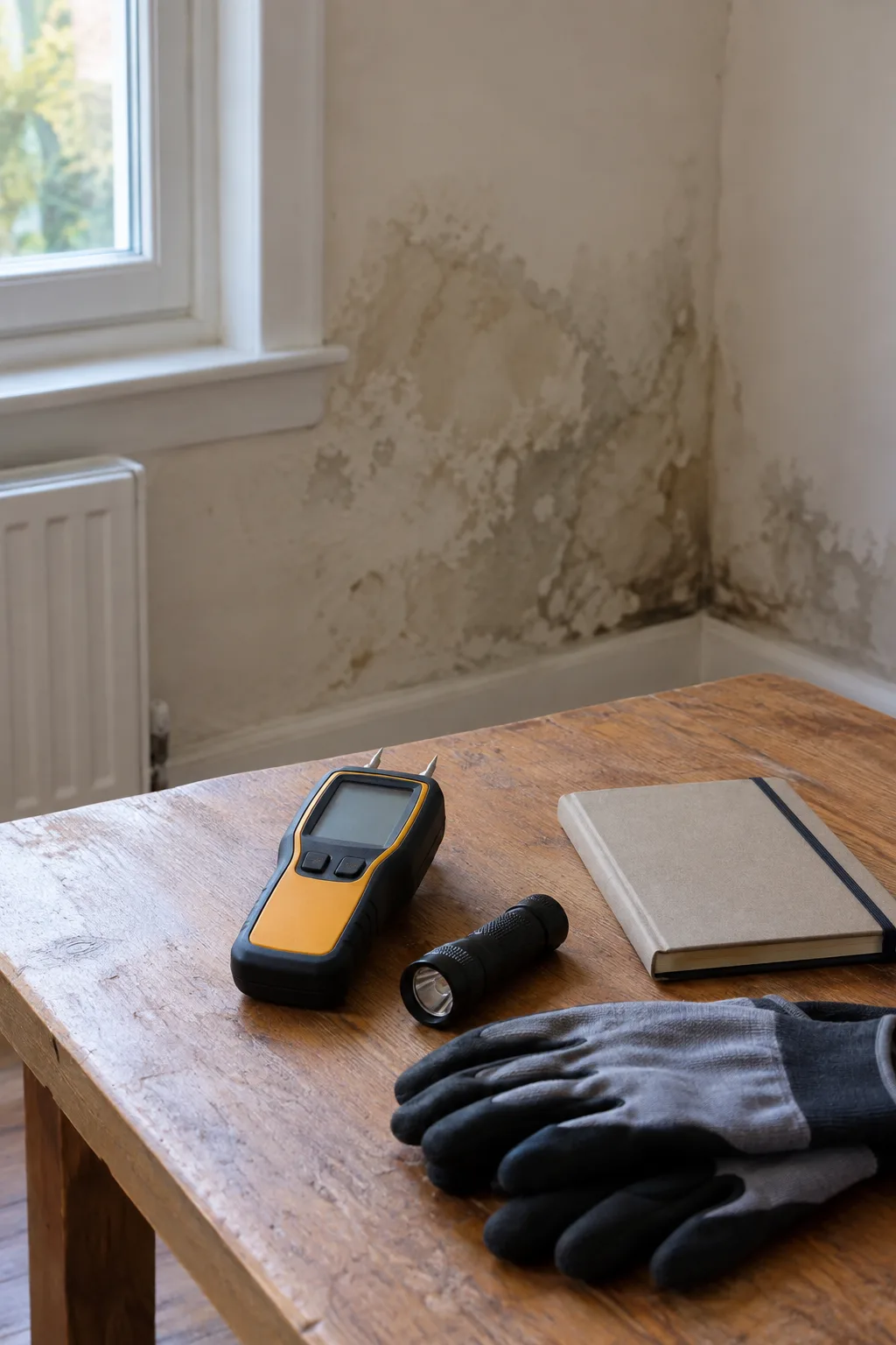 Moisture meter, torch, notebook and gloves prepared for a property inspection