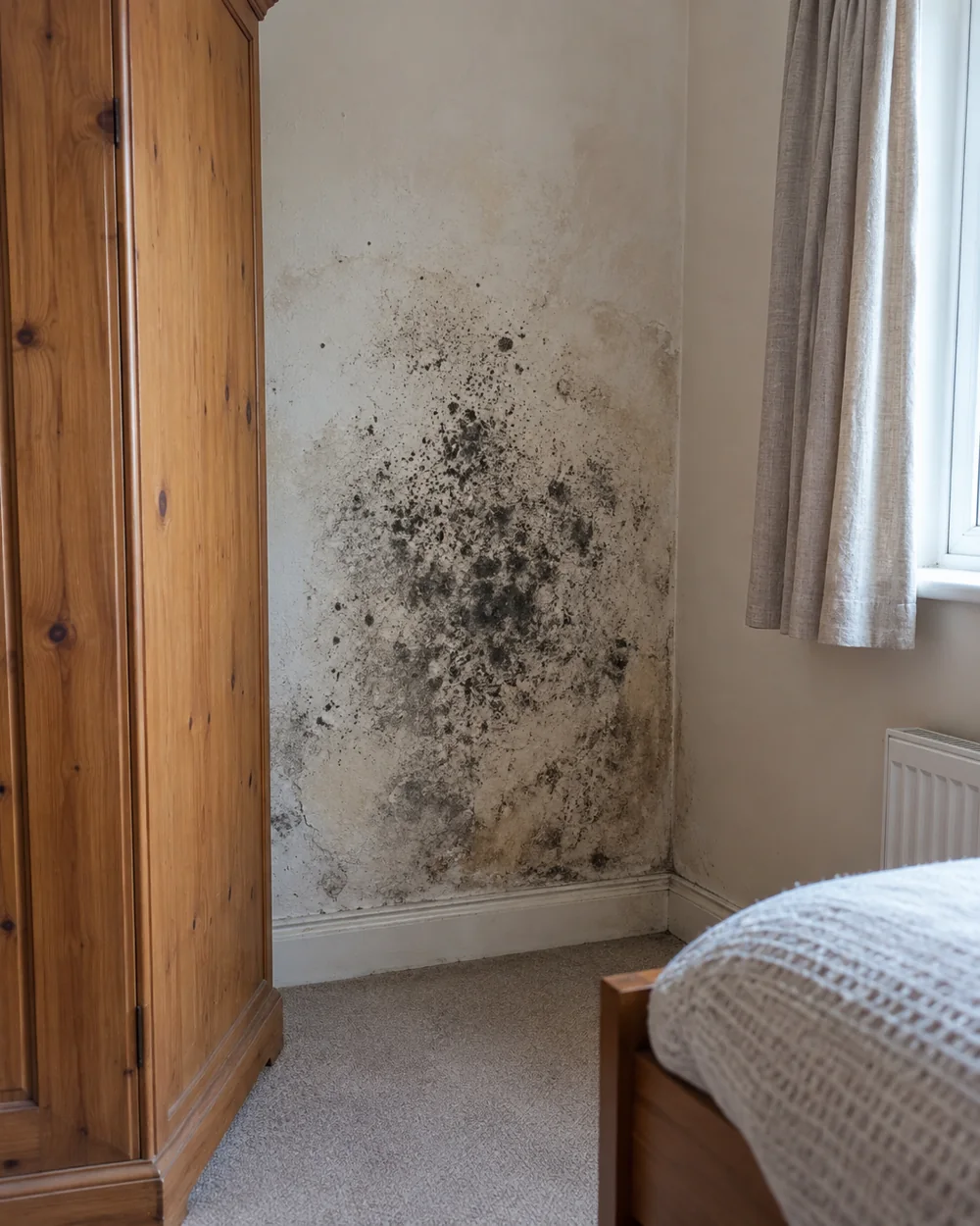 Damp and mould visible in a bedroom