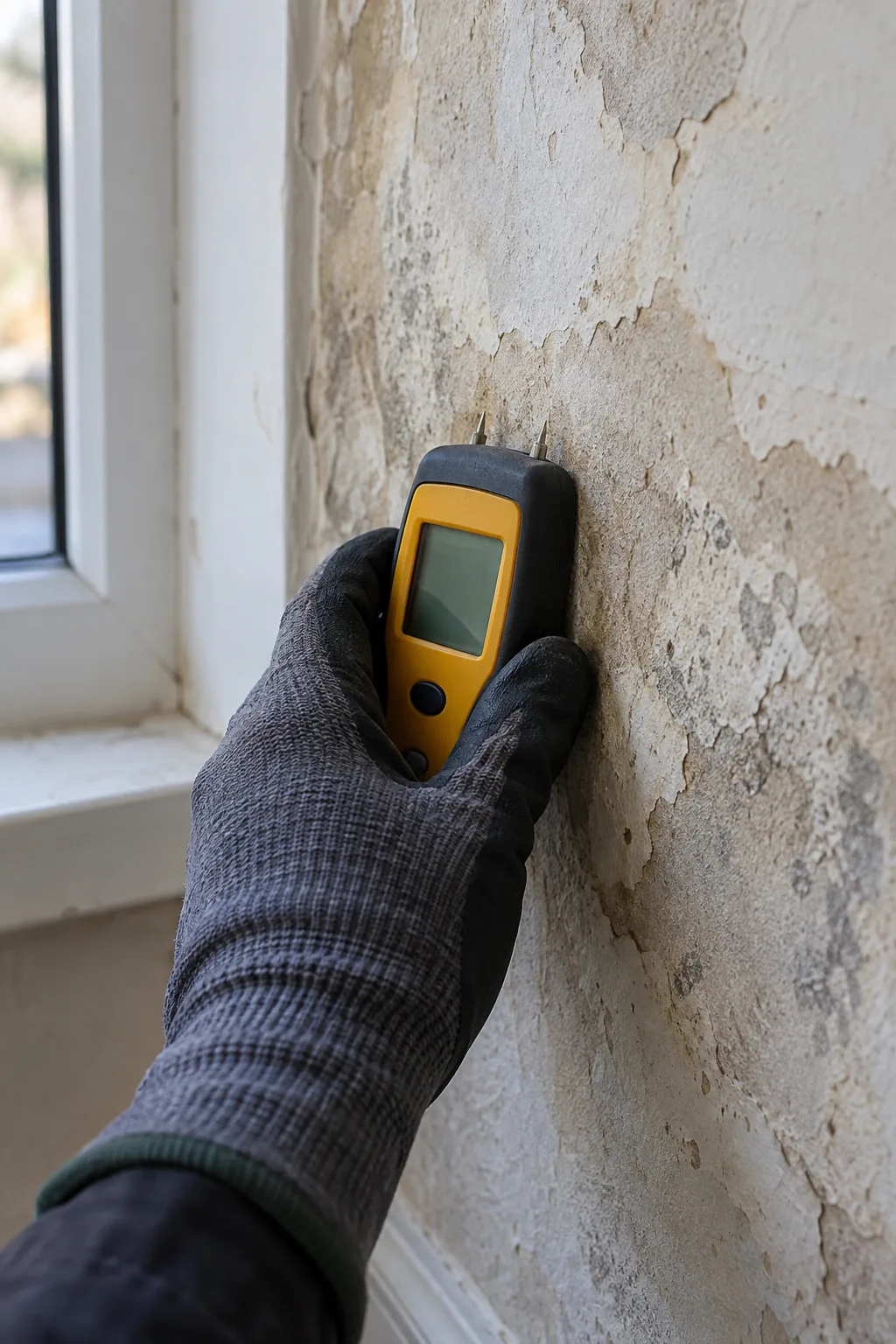 Moisture meter held beside damp, peeling plaster