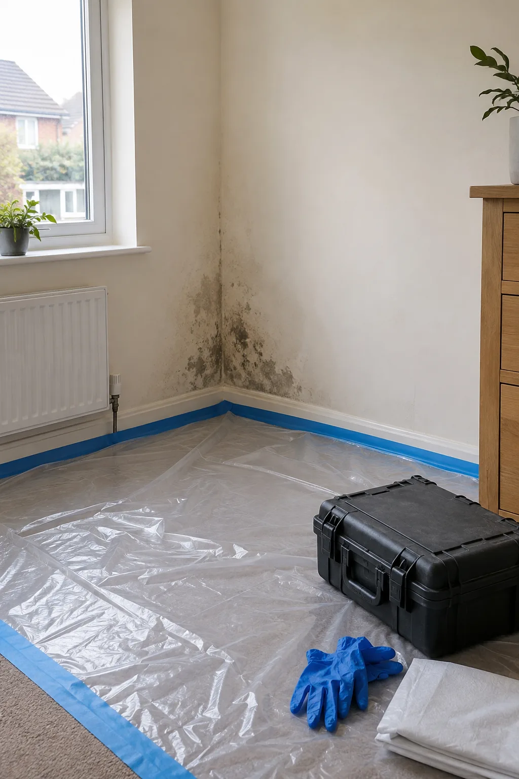 Protective floor sheeting and equipment prepared beside a mould-affected wall