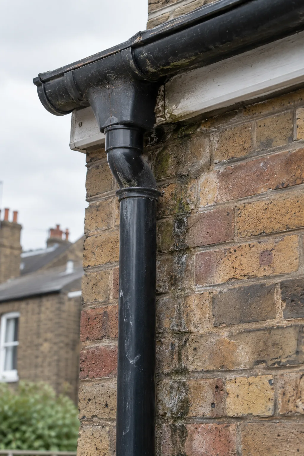 Weathered downpipe junction beside damp-stained brickwork