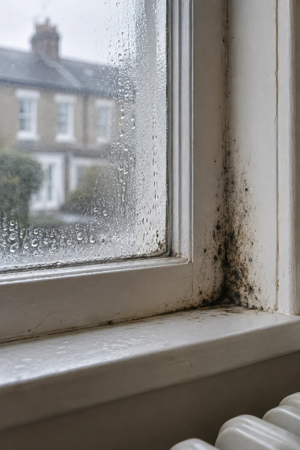Condensation droplets and mould spotting on a timber window reveal