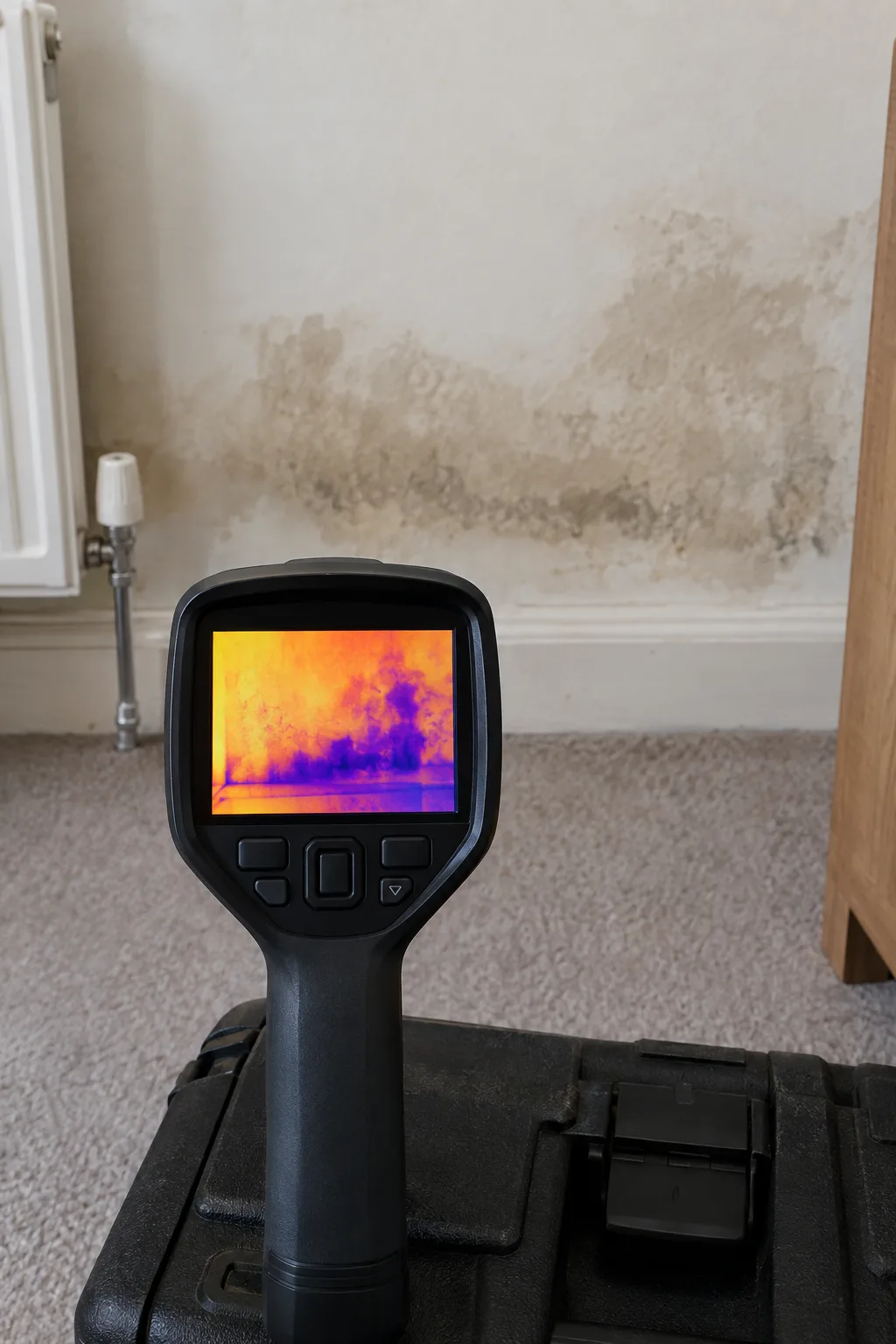 Thermal imaging camera facing a damp-marked internal wall