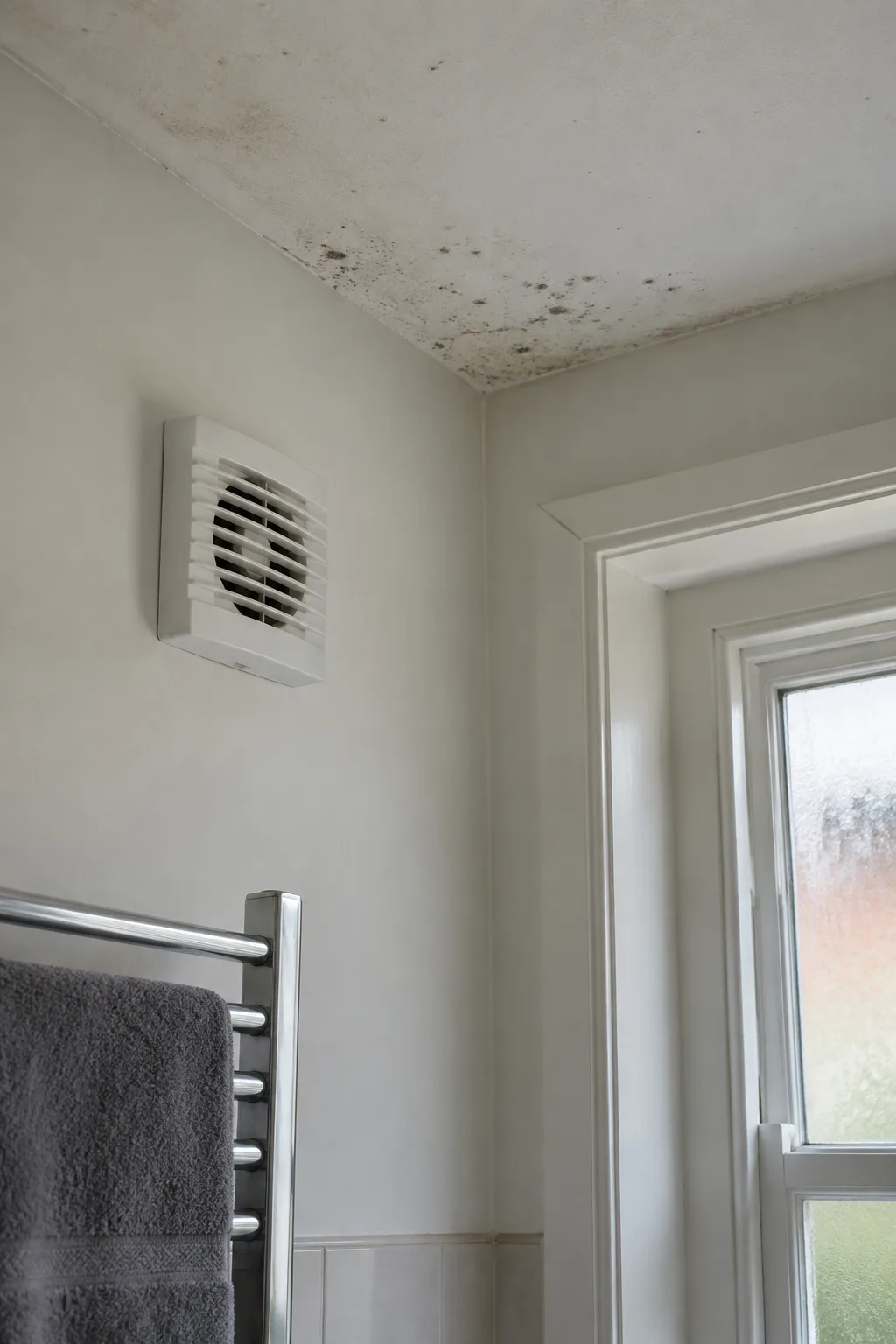 Bathroom extractor grille near a mould-spotted ceiling corner