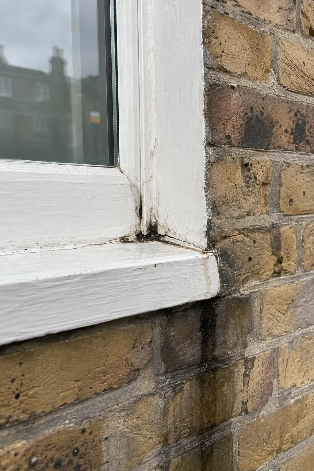 Weathered external window seal beside rain-stained brickwork